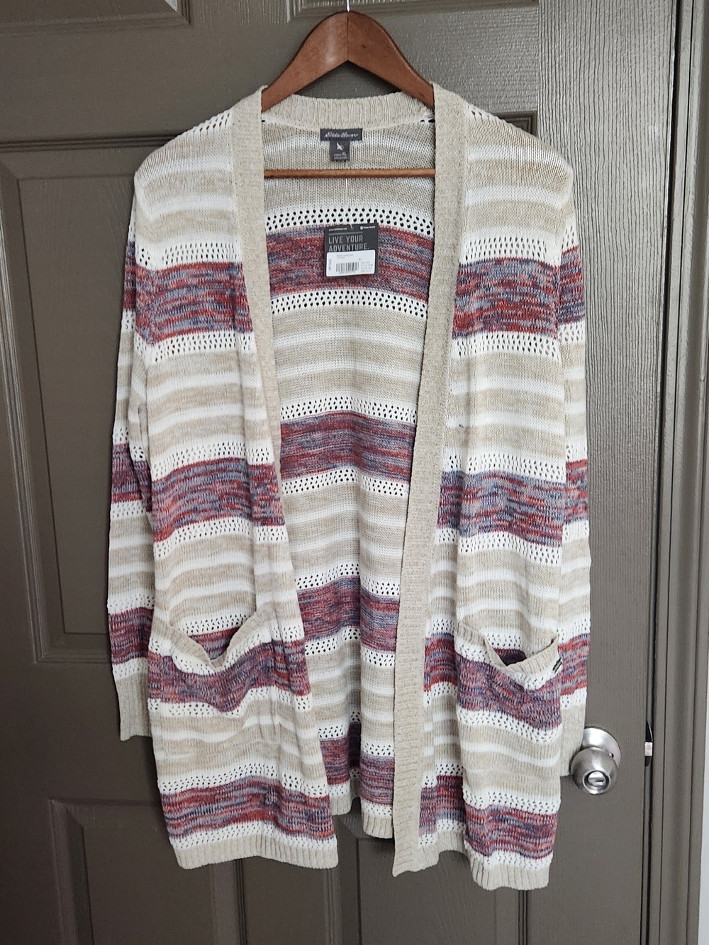 Eddie Bauer Cream Open-Front Cardigan with Red-Multi Stripes